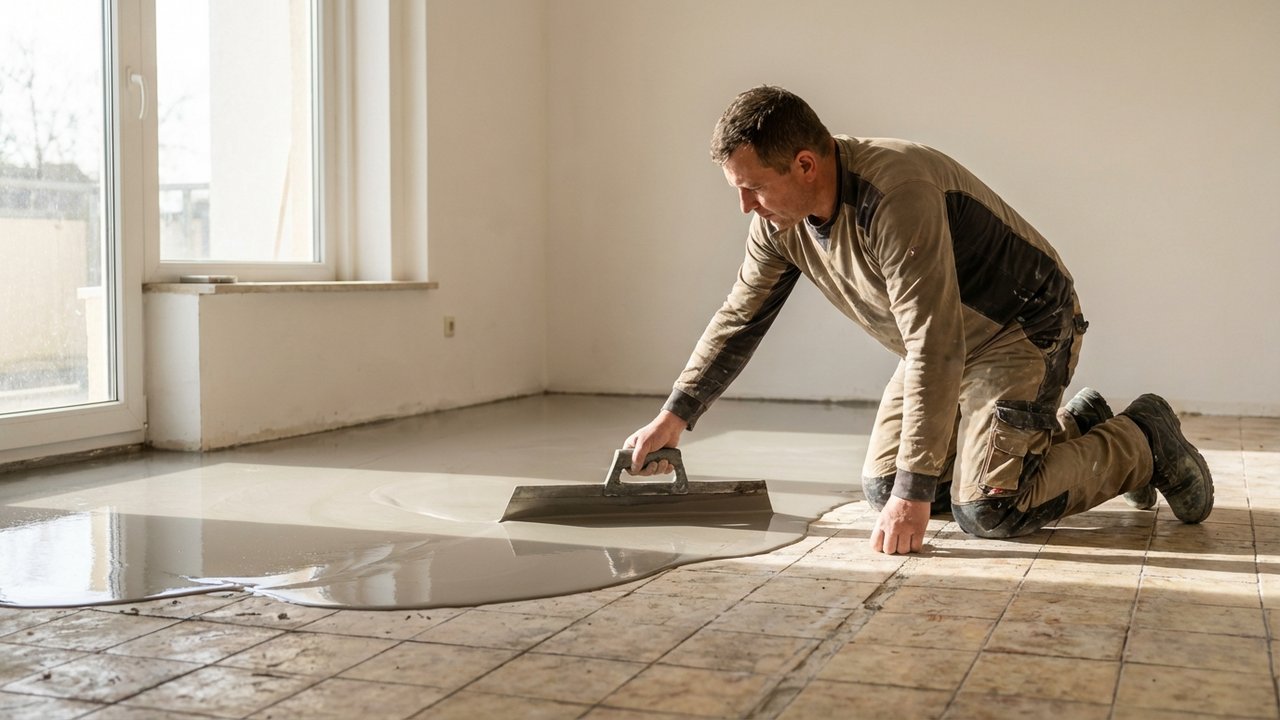 Application d'un enduit de lissage sur carrelage avant pose de parquet