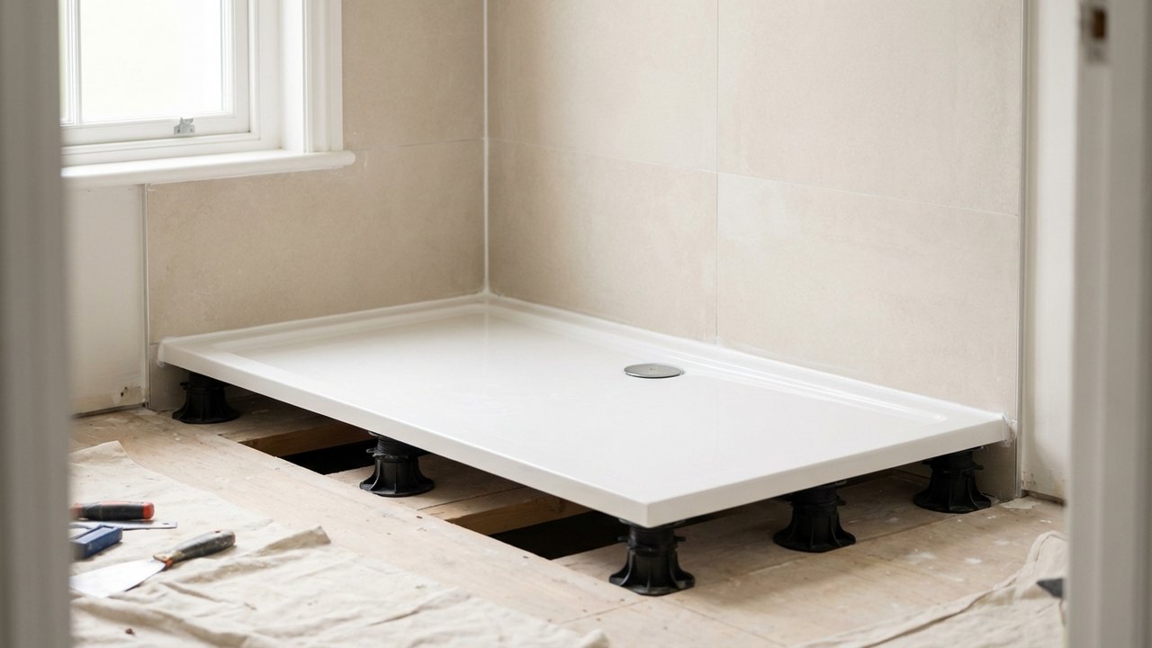 Receveur de douche installé avec pieds réglables et joints étanchés