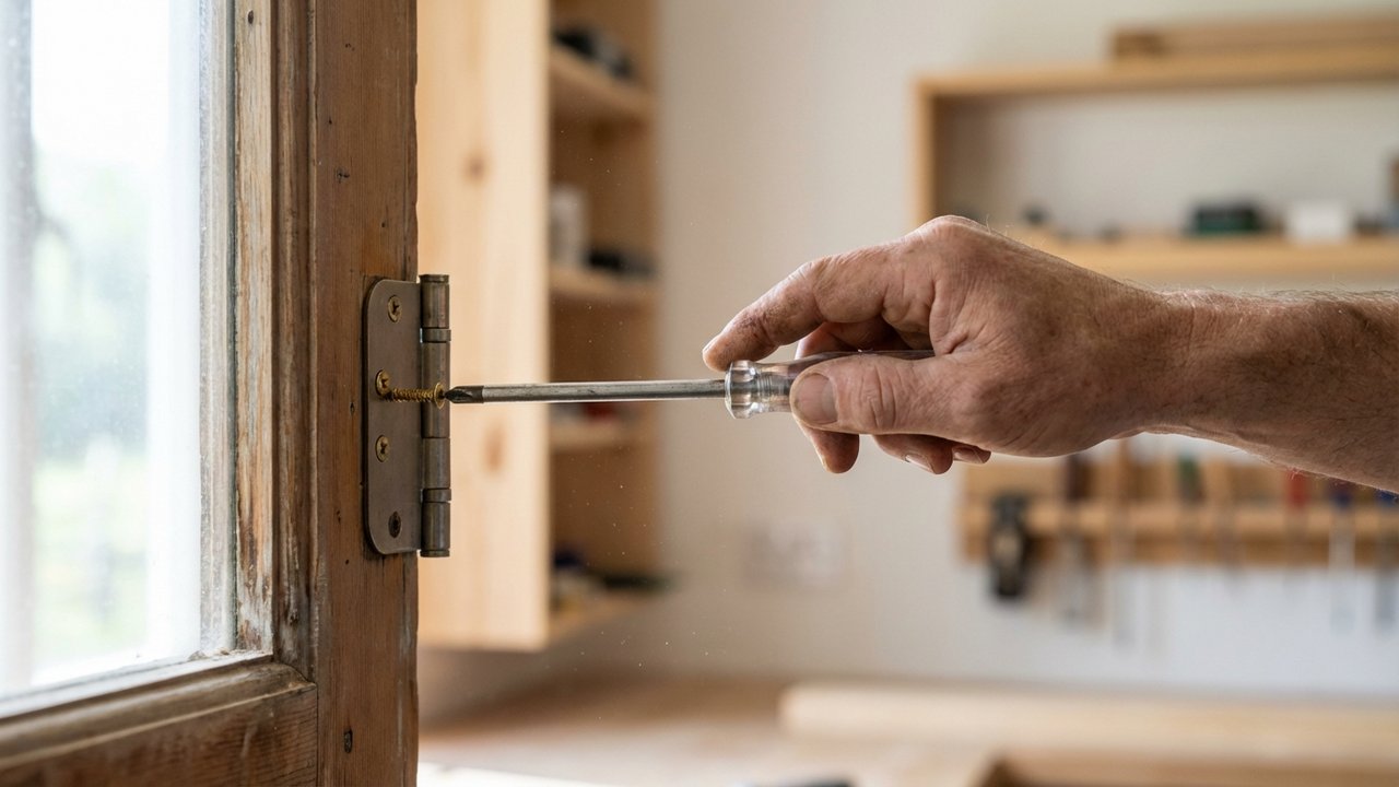 Resserrage d'une vis de charnière de porte avec un tournevis