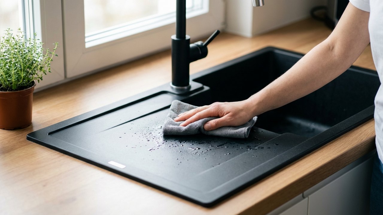 Séchage d'un évier noir composite avec un chiffon microfibre