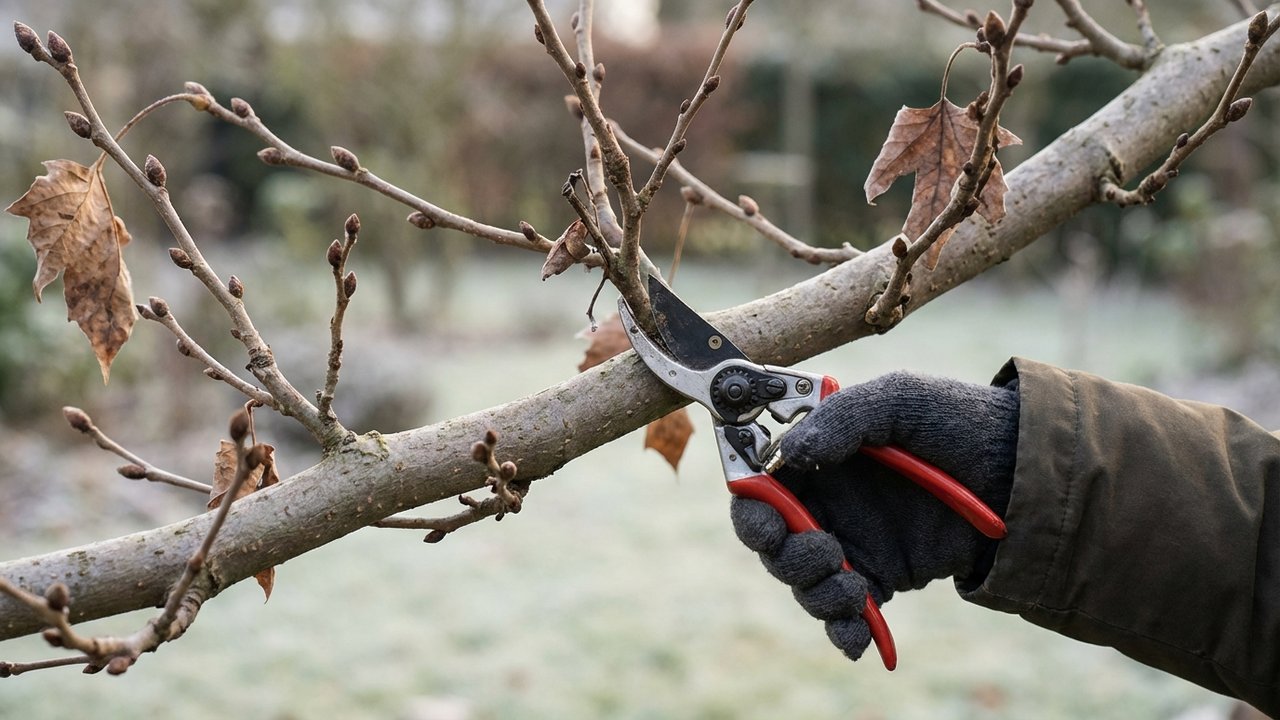 Taille d'une branche de mûrier platane avec un sécateur
