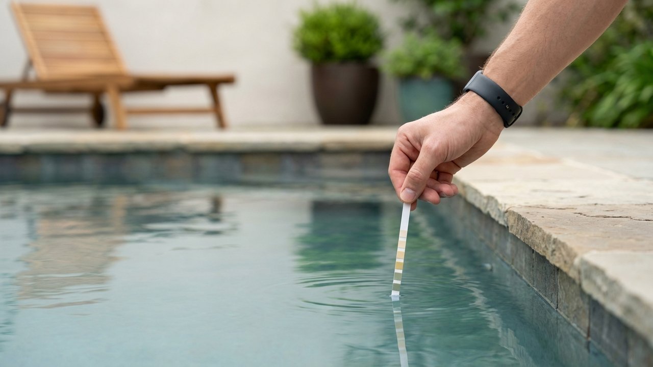 Test du pH d'une piscine avec une bandelette réactive