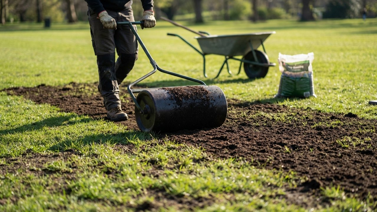 Application de top dressing sur une pelouse ensemencée
