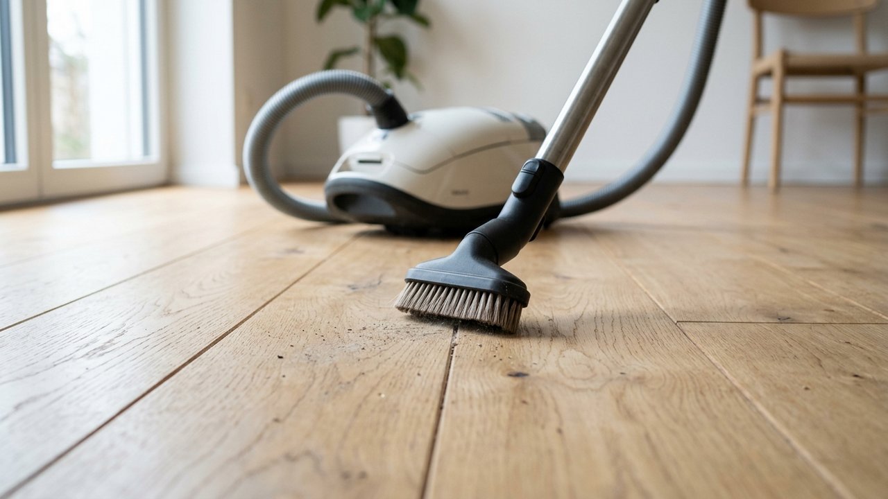 Aspiration douce de la poussière entre les lames d'un parquet flottant