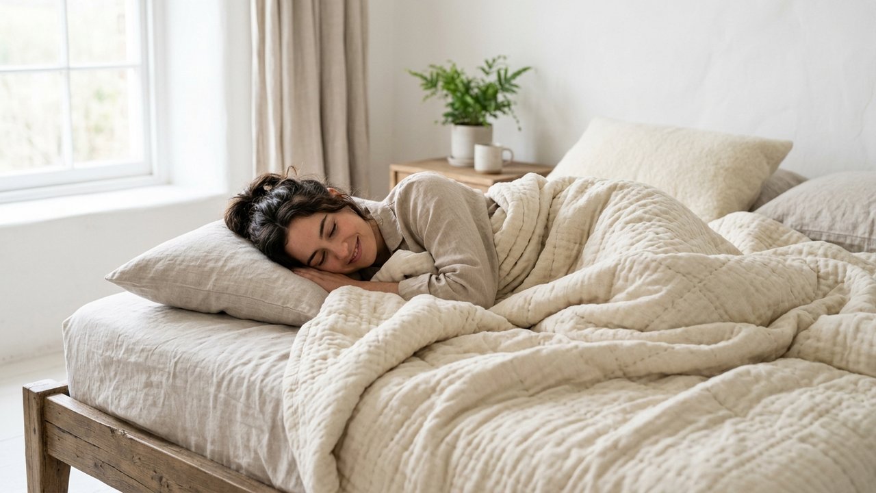 Personne dormant confortablement sous une couette en laine et soie naturelle