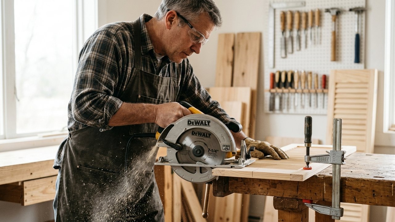 Découpe des lames de bois pour la fabrication d'un volet