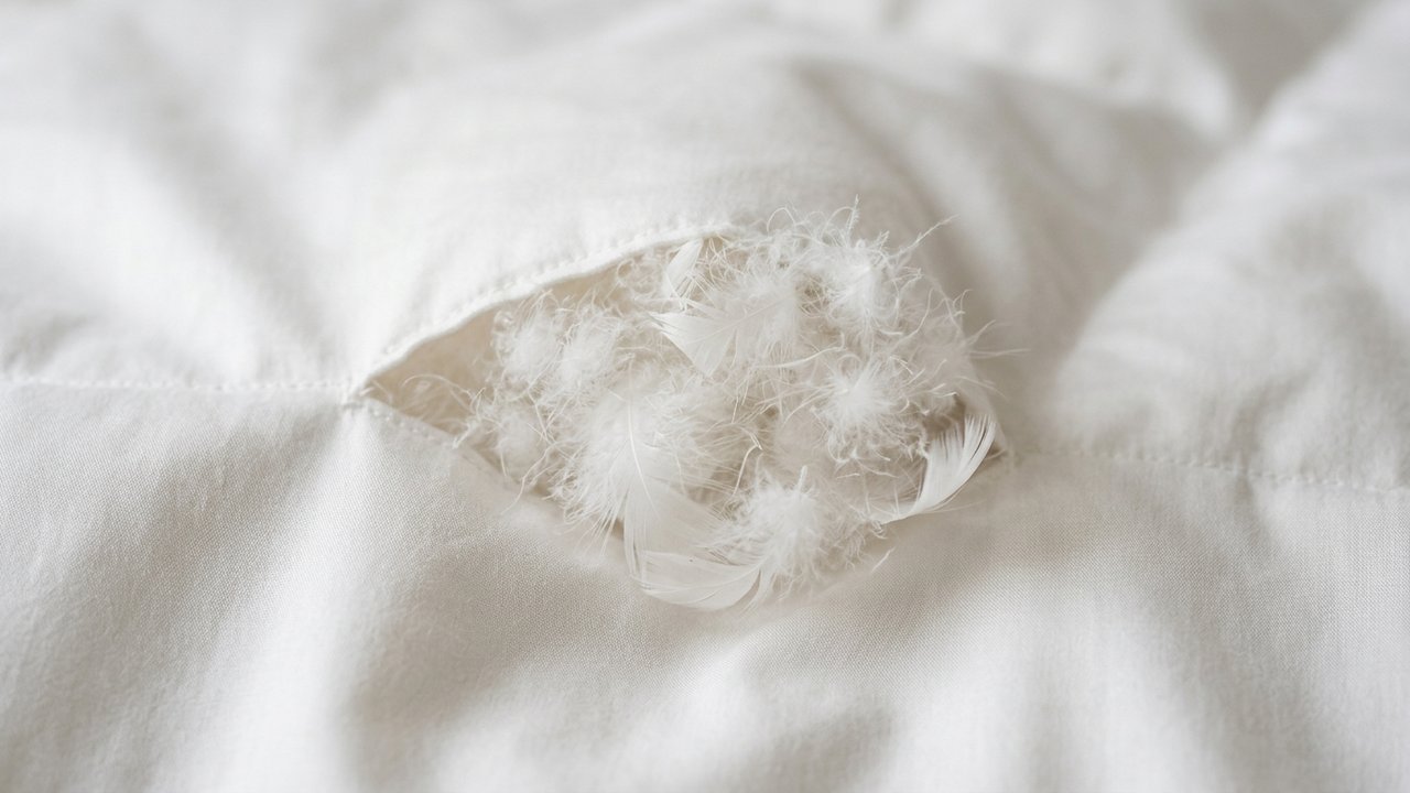 Détail du garnissage en duvet d'oie d'une couette naturelle