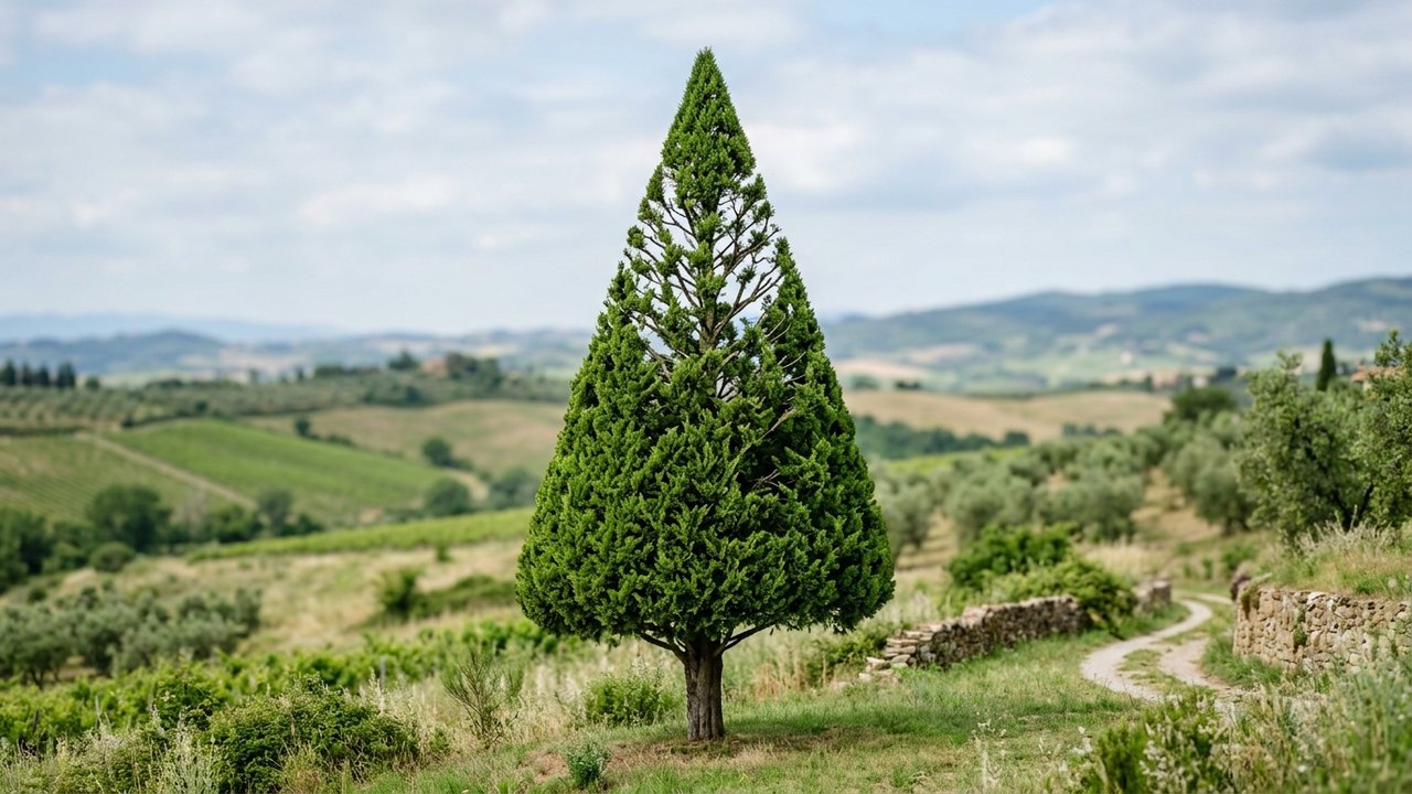 Cyprès taillé en forme conique pour préserver son équilibre