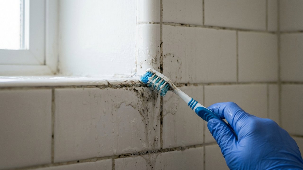 Frottage des joints de douche moisis avec une brosse à dents