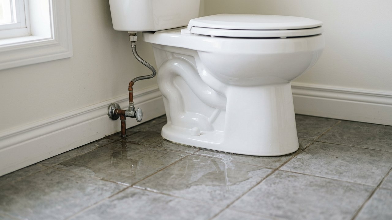 Fuite d'eau au sol sous une cuvette WC