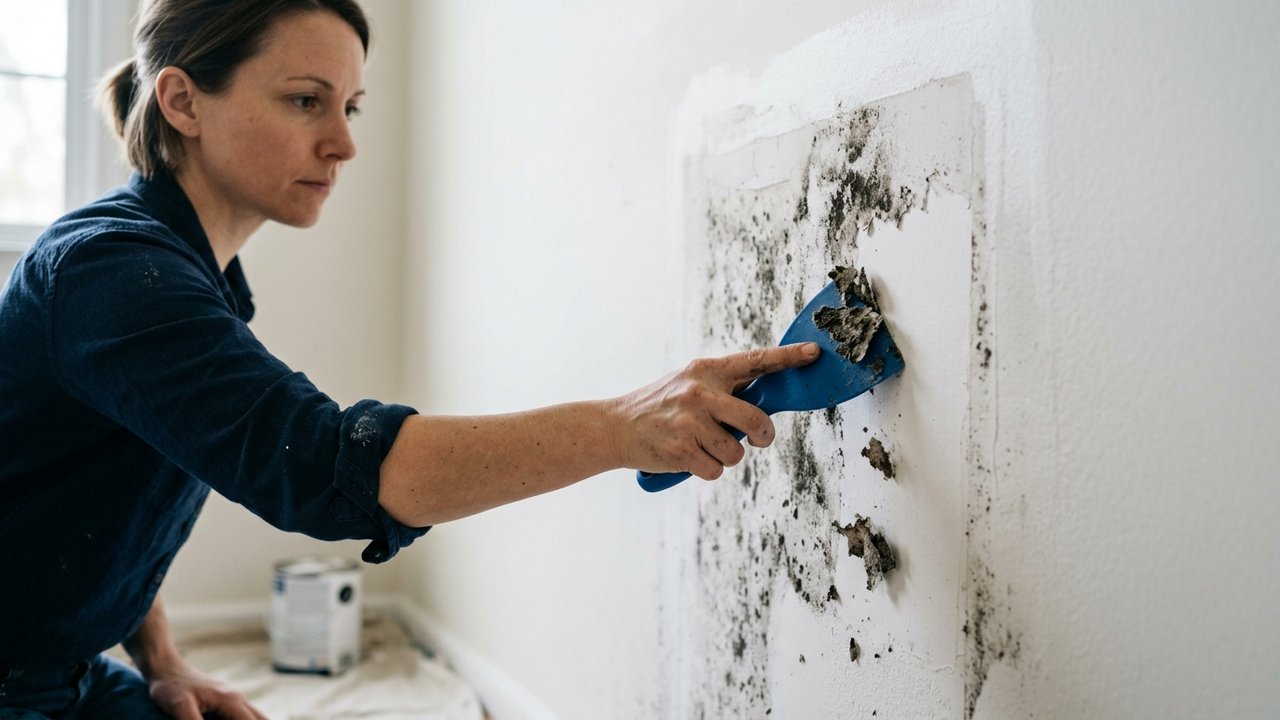 Grattage des moisissures sur placo humide à la spatule