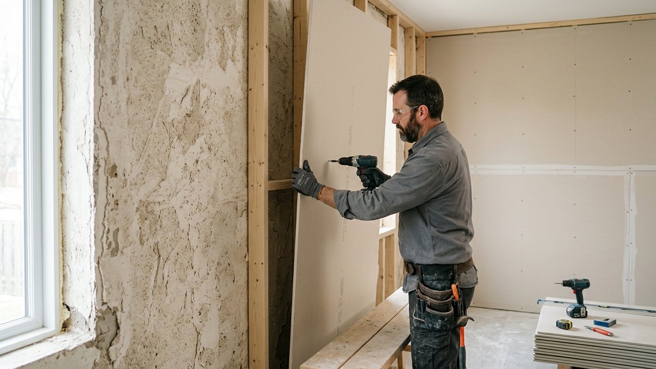 Mur en crépi intérieur recouvert de plaques de plâtre