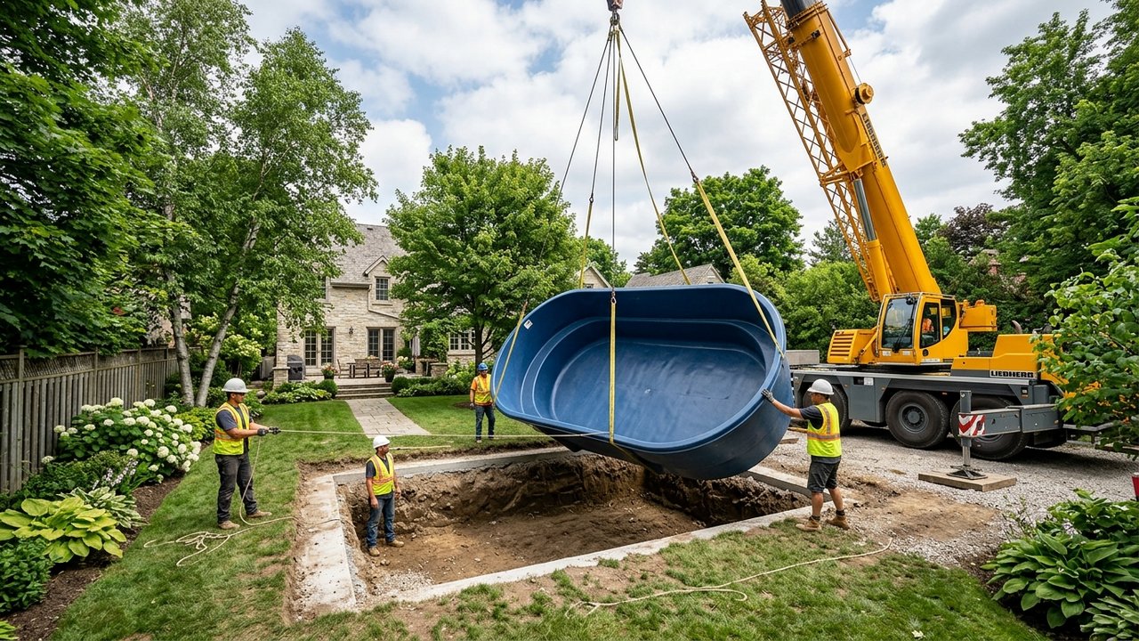 Installation d'une piscine coque avec grue dans un jardin