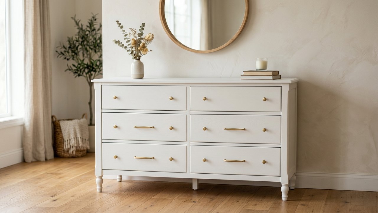Meuble en merisier relooké en blanc mat avec nouvelles poignées