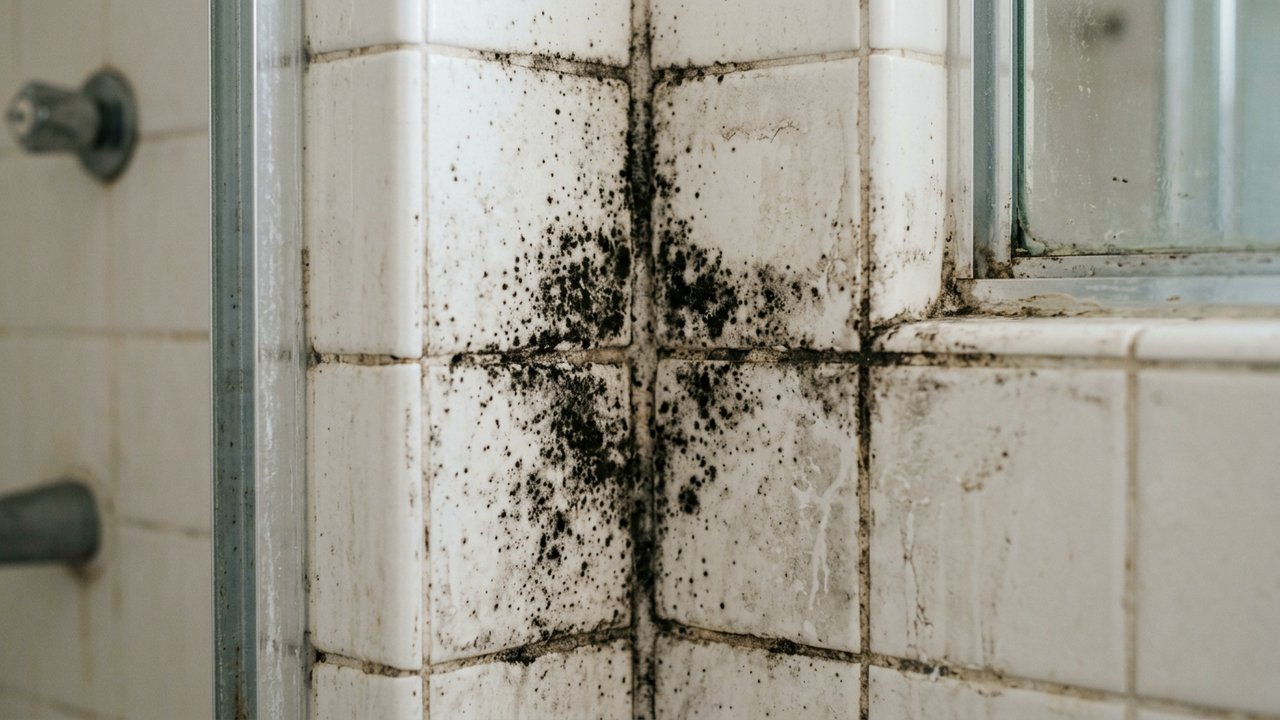 Moisissures noires incrustées sur les joints de douche