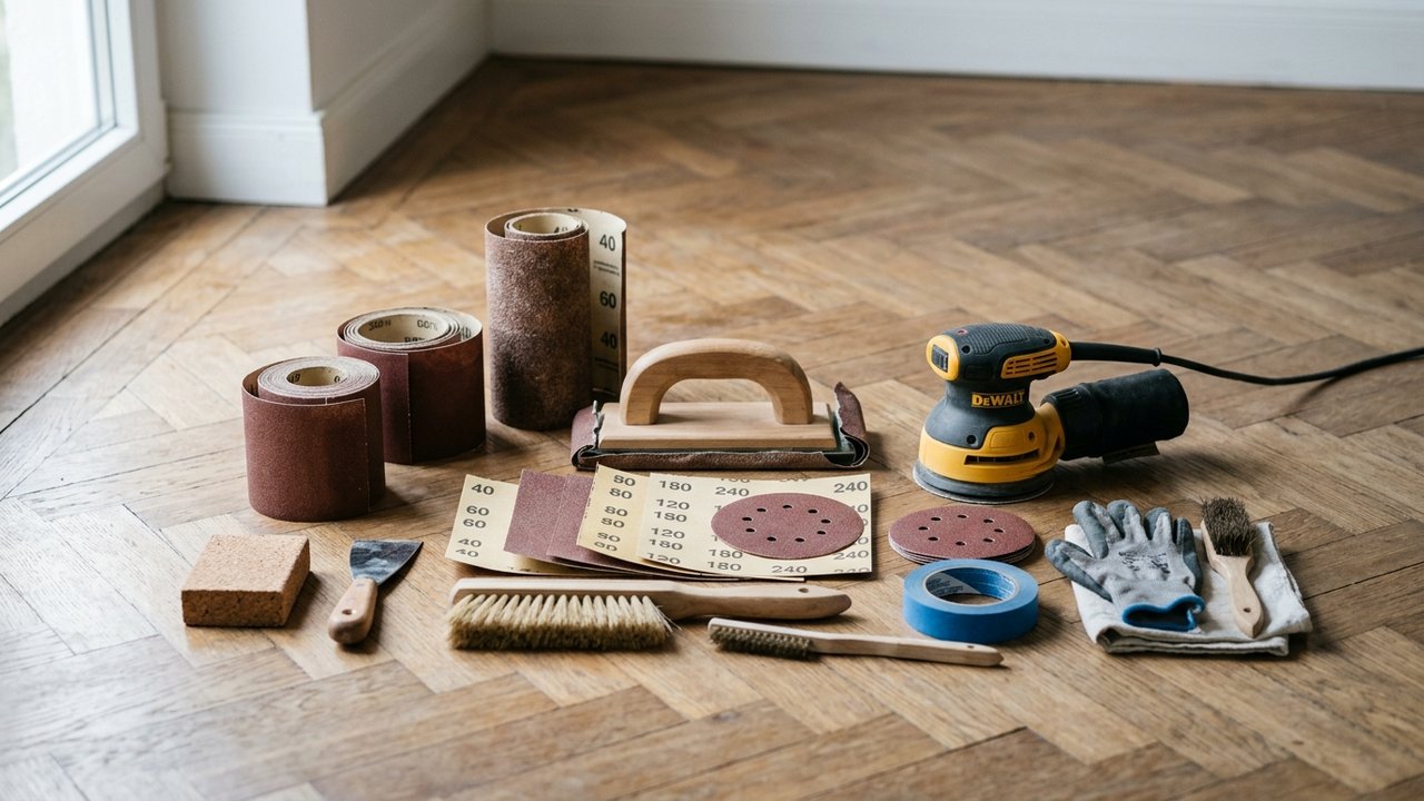 Outils et abrasifs pour poncer un parquet à la main