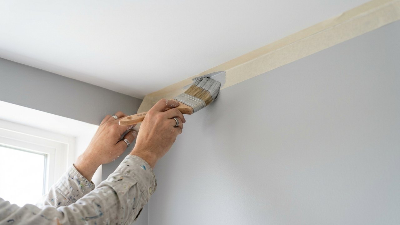 Pinceau à réchampir appliquant la peinture le long de l'angle mur-plafond