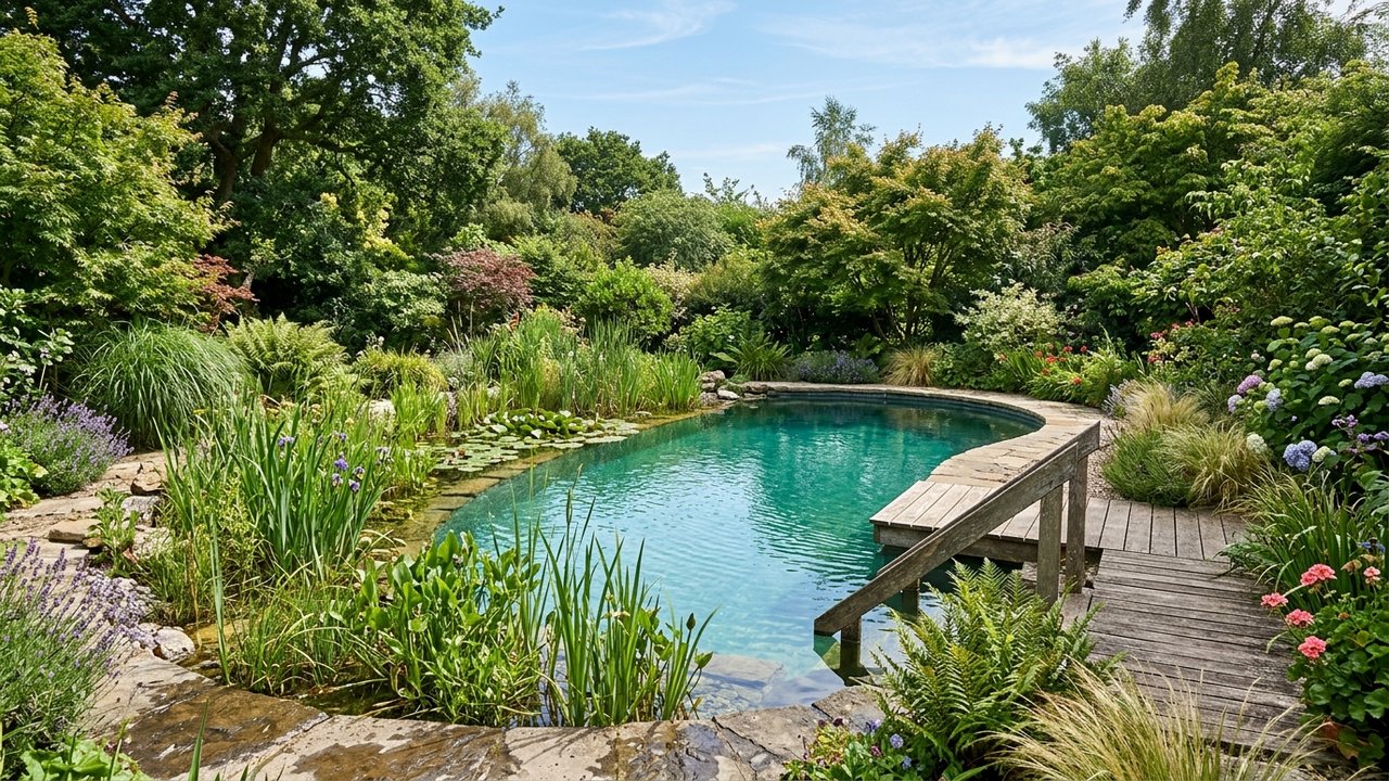 Piscine naturelle avec zone de lagunage et plantes filtrantes