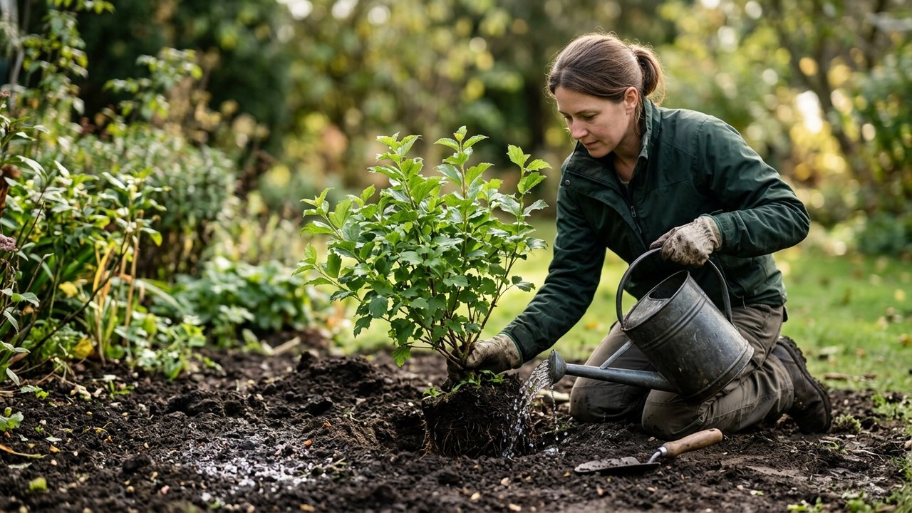 Plantation d'un arbuste en pleine terre avec arrosage