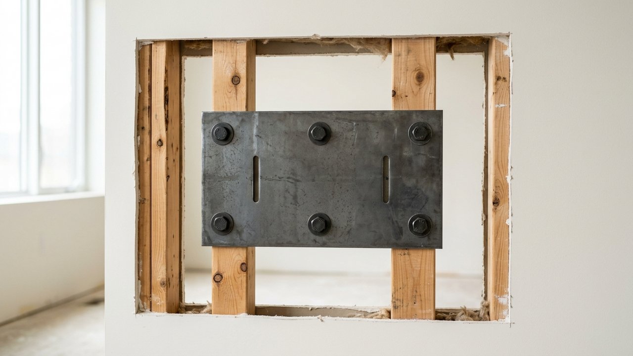Platine en acier renforcée fixée sur montants placo pour radiateur lourd