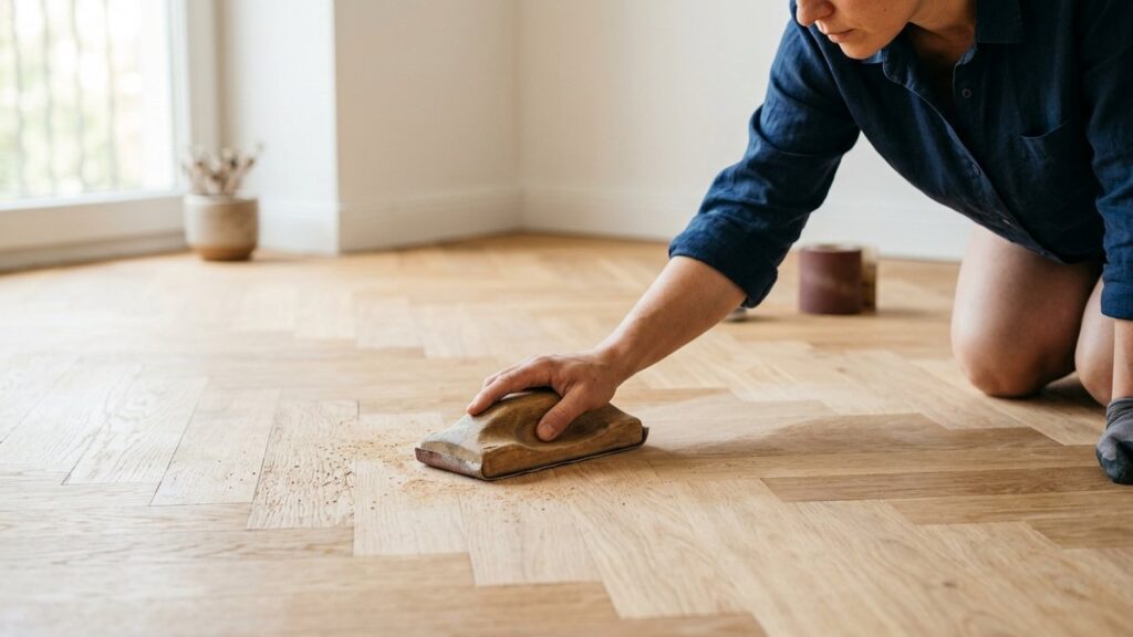 Ponçage manuel d'un parquet en bois avec une cale à poncer