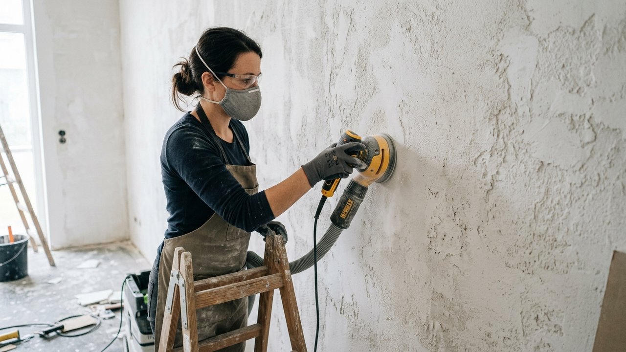 Ponçage d'un mur en crépi pour préparer sa surface