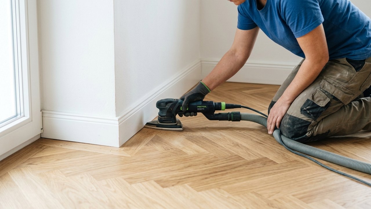 Ponçage des angles et recoins du parquet avec une ponceuse triangulaire