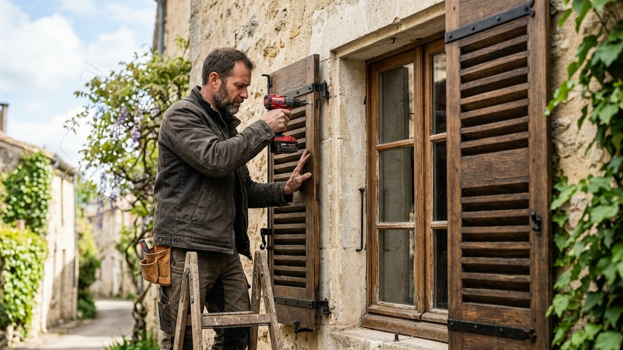 Pose d'un volet en bois sur une fenêtre avec pentures et boulons