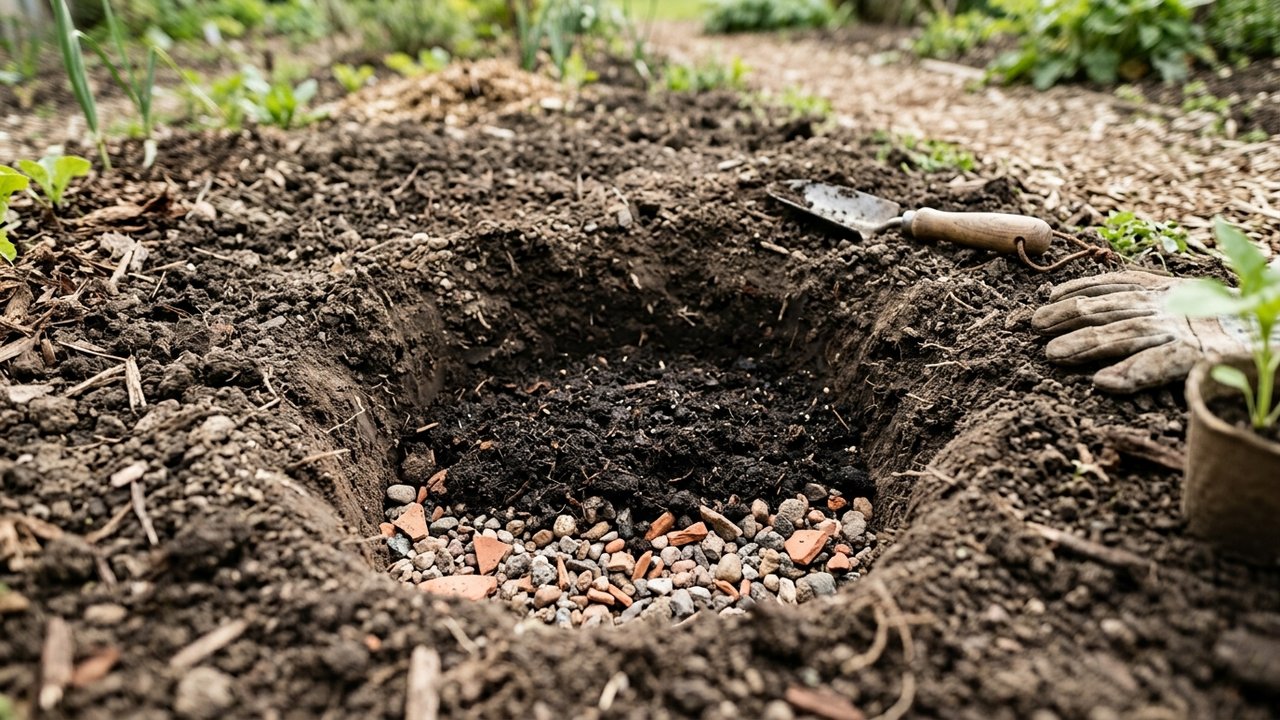 Préparation du trou pour planter un arbuste avec drainage