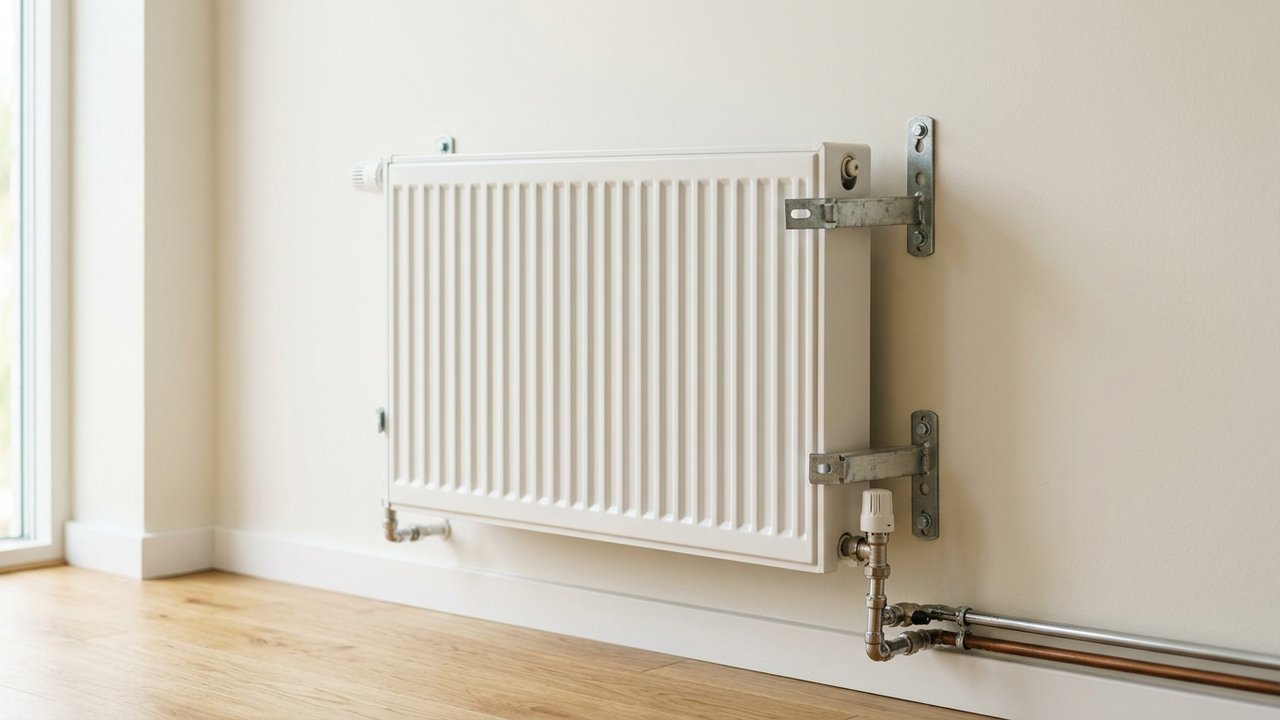 Radiateur fixé sur du placo avec des chevilles et supports métalliques