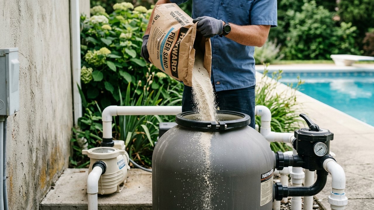 Versement du nouveau sable de filtration dans le filtre de piscine