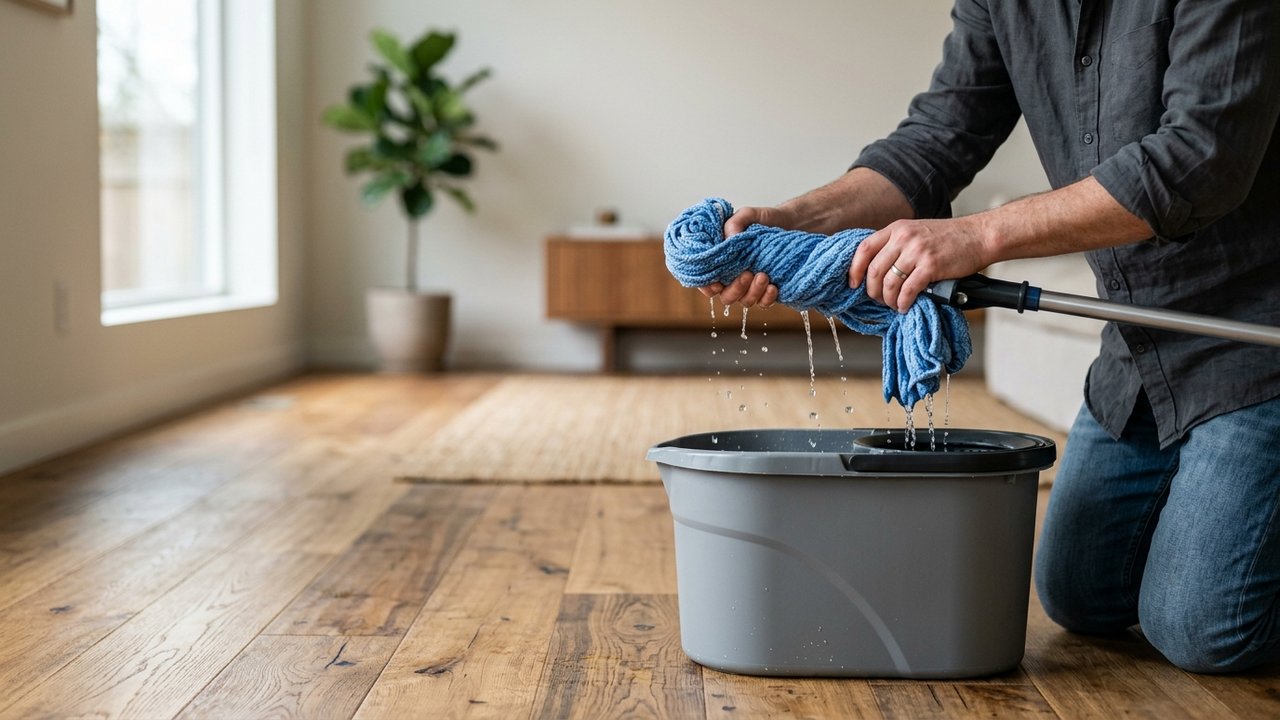 Serpillière microfibre bien essorée pour nettoyer un parquet flottant