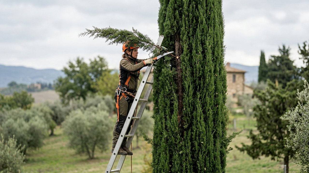 Taille d'un cyprès trop haut avec une scie d'élagage