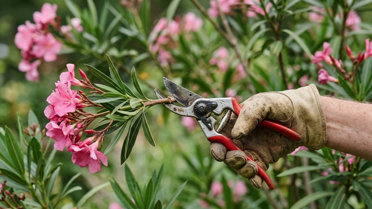 Taille d'un laurier rose avec un sécateur