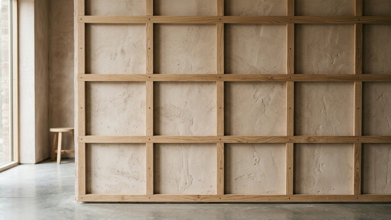 Tasseaux de bois fixés sur mur en crépi avant pose de panneaux