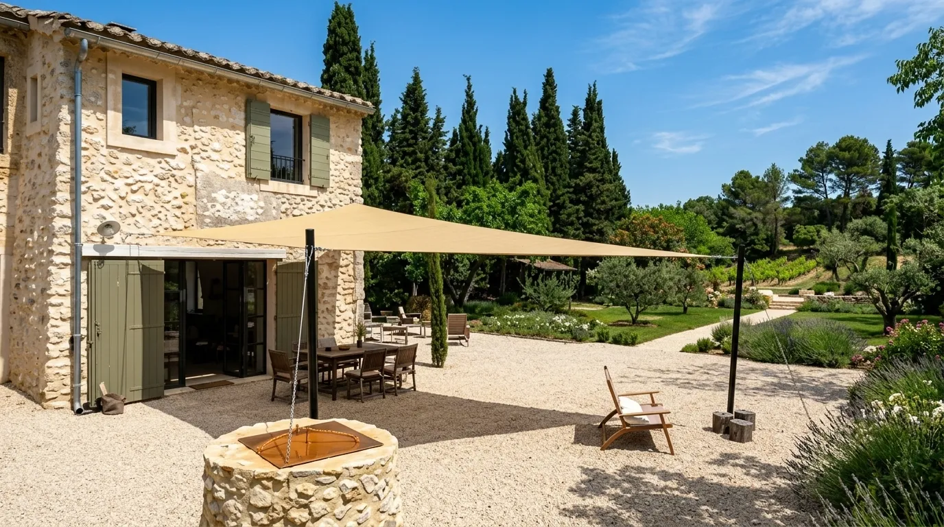 Voile d'ombrage tendu au dessus d'une terrasse