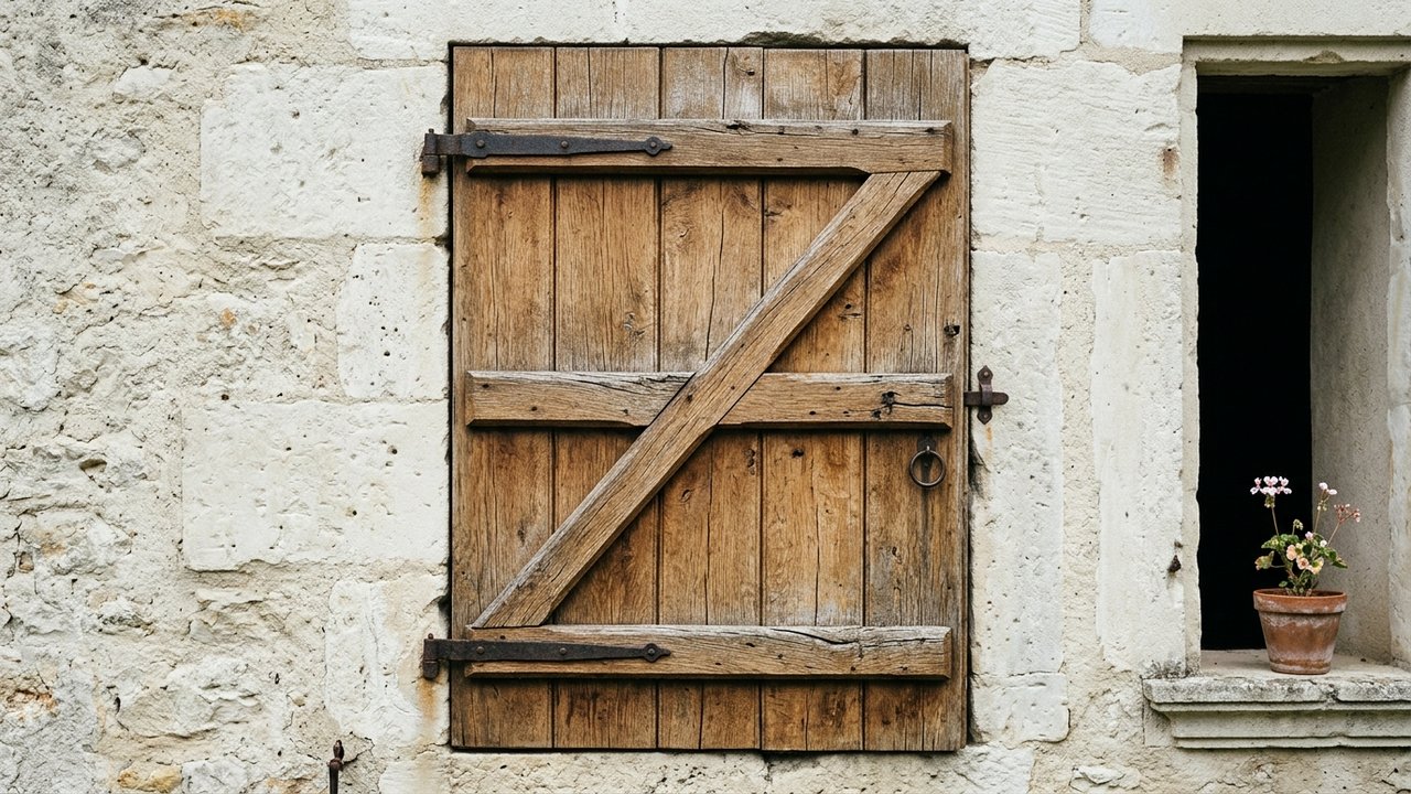 Volet en bois avec traverses et écharpe en Z assemblées
