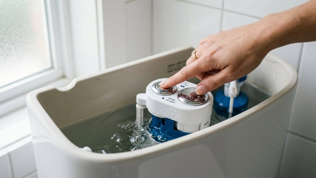 Mécanisme de chasse d'eau à double poussoir en cours de réparation