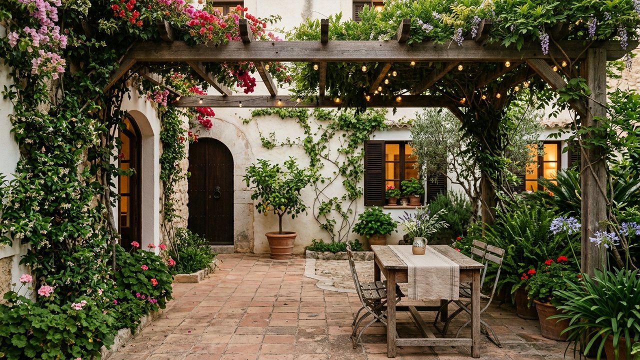 Patio intérieur éclairé avec plantes grimpantes et pergola