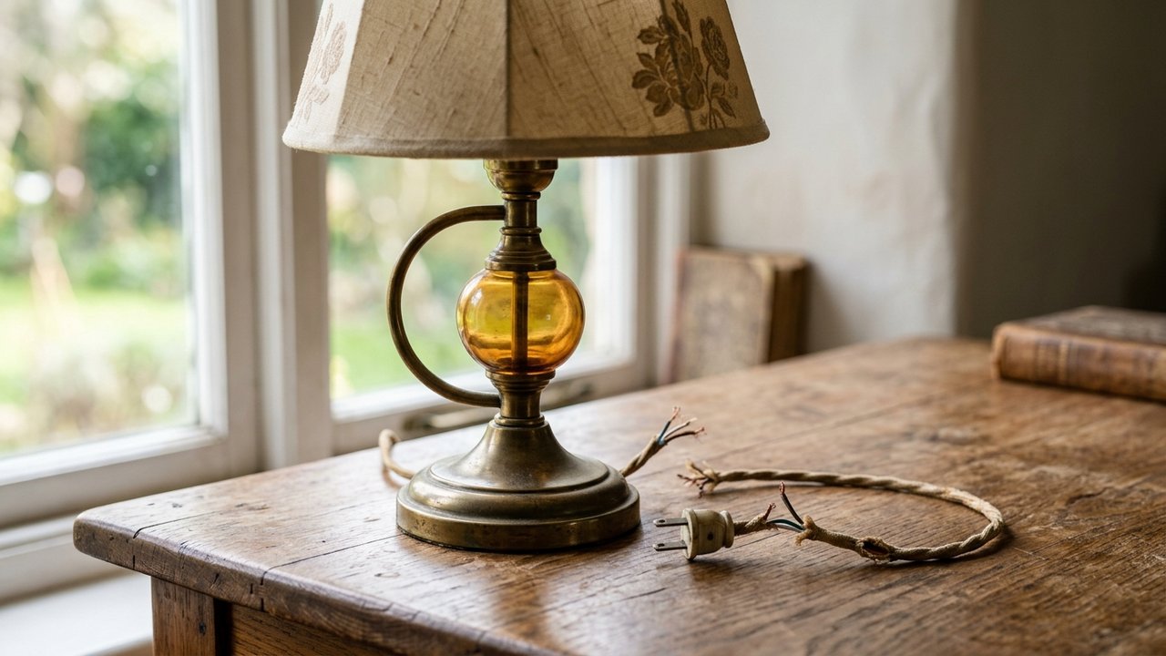Lampe ancienne à réparer avec câble défectueux