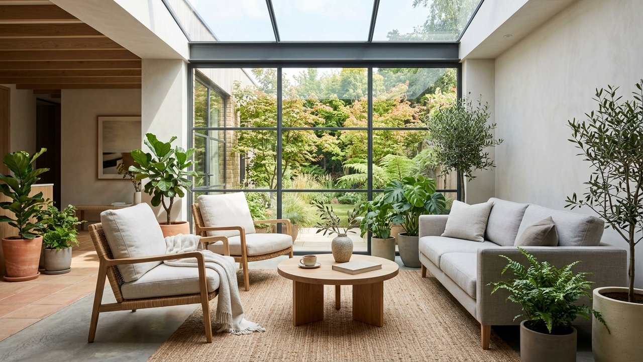 Patio intérieur aménagé avec mobilier et végétation