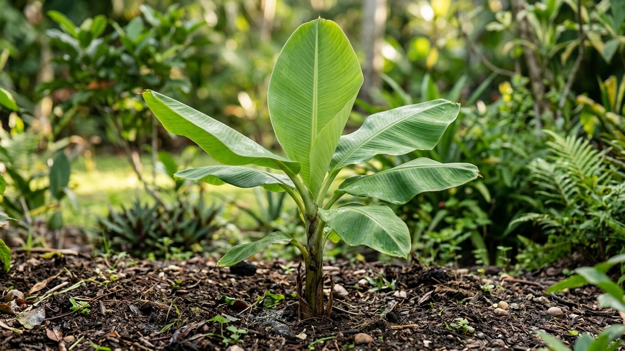 Jeune bananier avec feuilles vertes planté en pleine terre