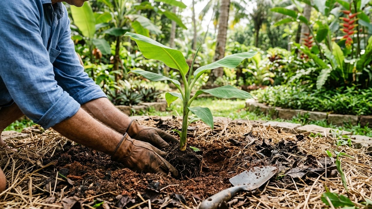 Plantation d'un bananier dans un sol bien préparé et paillé