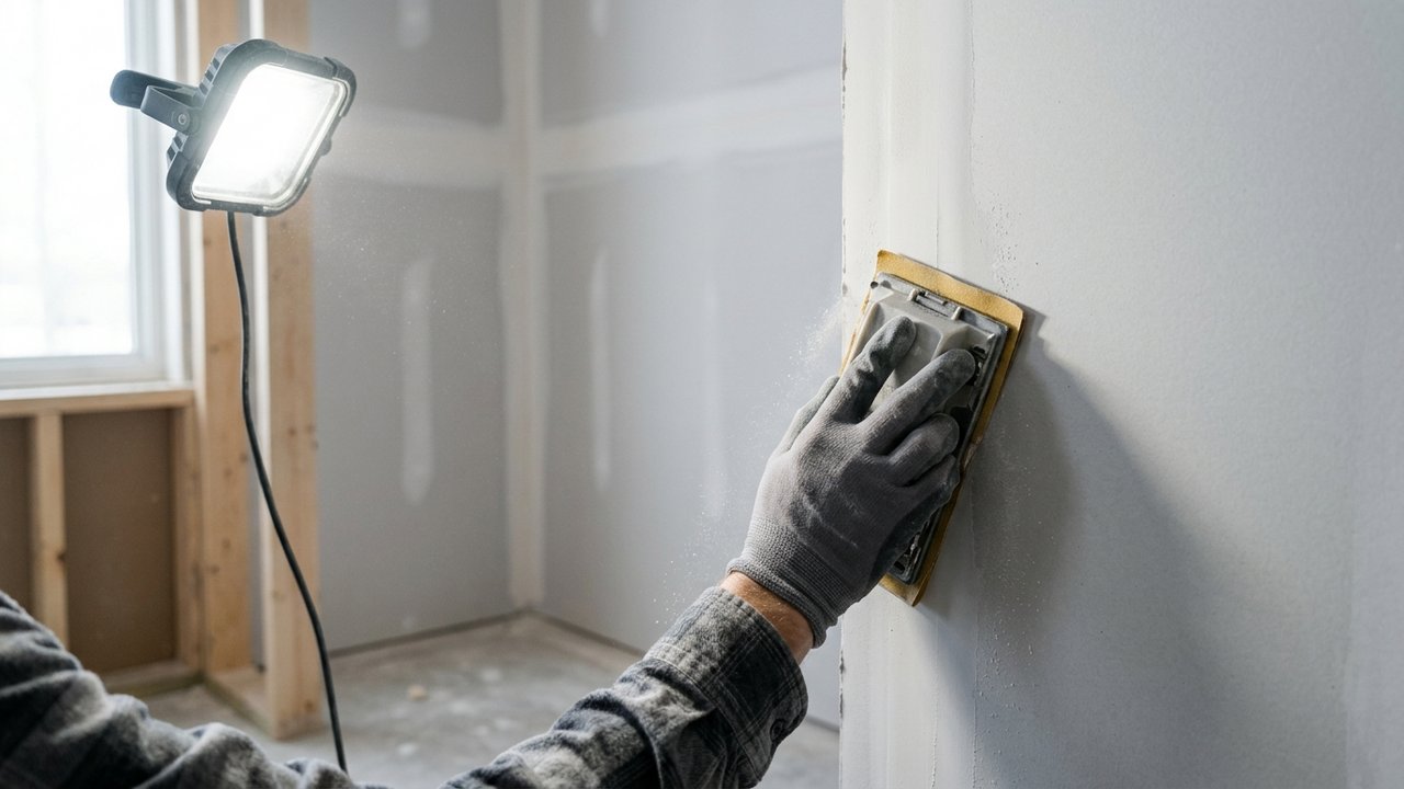 Ponçage d'un joint de placo avec lumière rasante pour vérifier le résultat