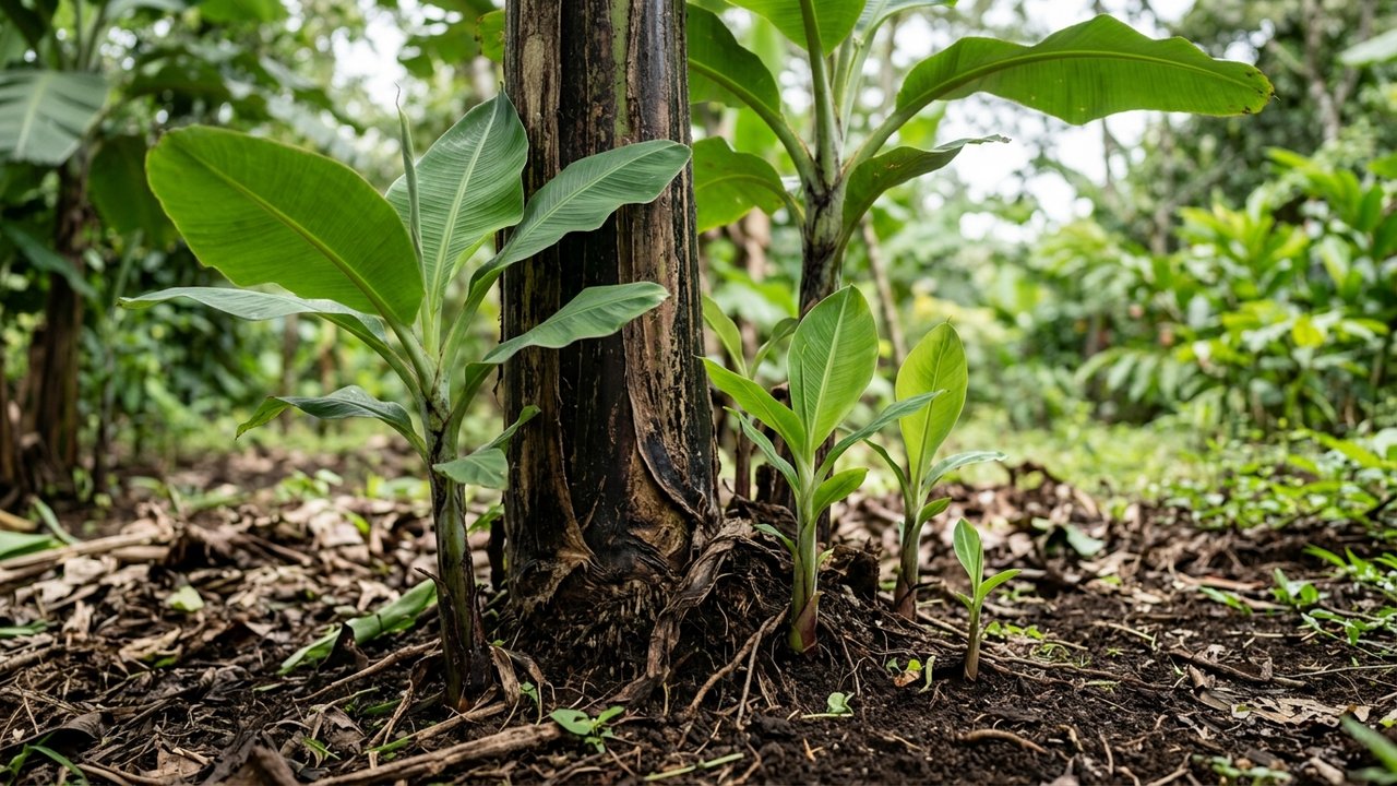 Rejets de bananier poussant naturellement au pied de la plante mère