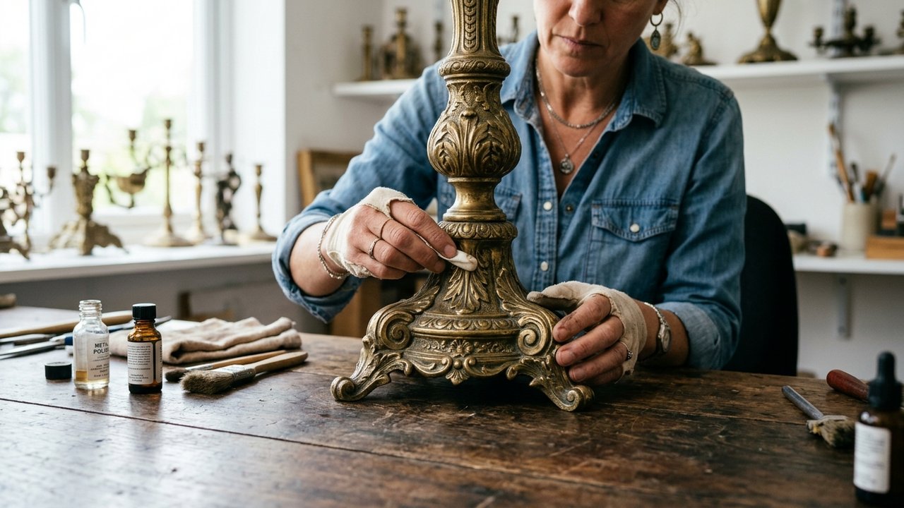 Restauration délicate d'une lampe vintage avec détails en laiton