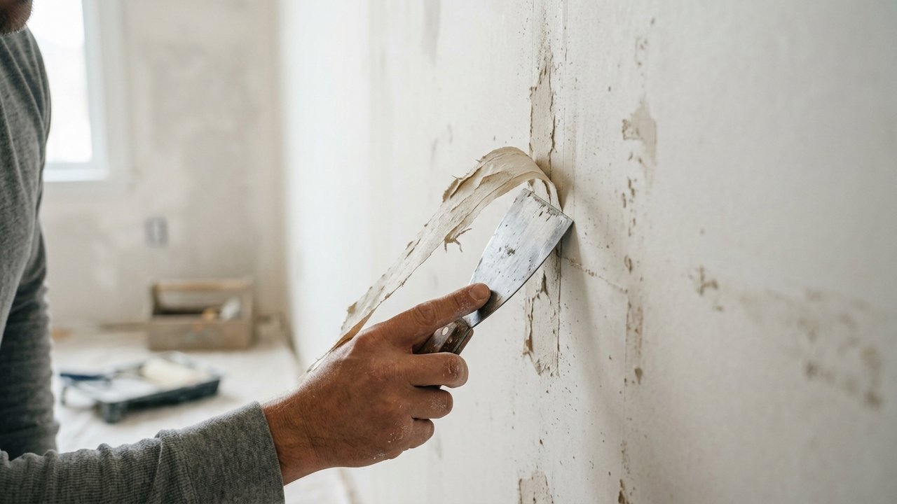 Retrait d'une bande de placo mal collée avec un couteau de peintre