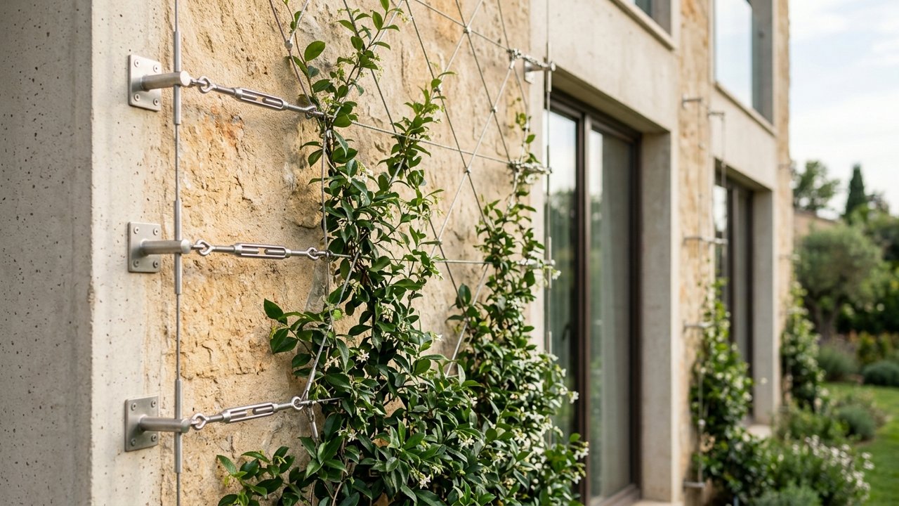 Système de câbles inox pour guider les plantes grimpantes sur façade