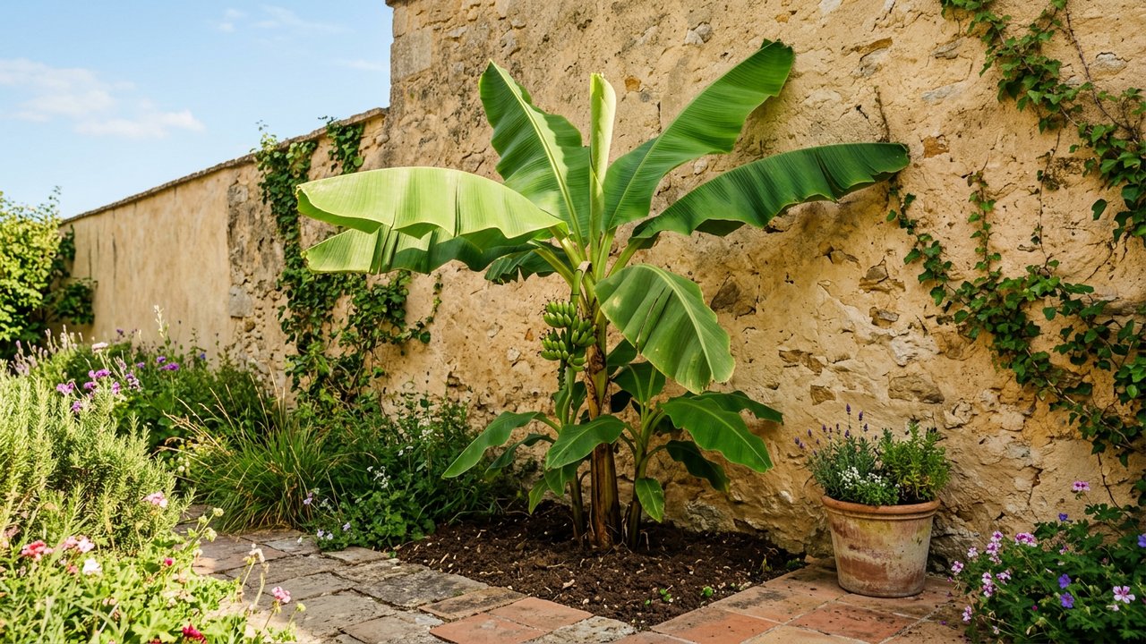 Bananier planté contre un mur exposé au sud pour optimal croissance