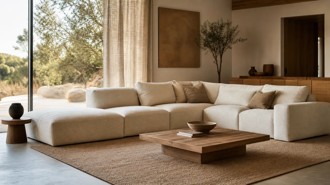 Salon contemporain avec canapé modulable beige et décoration chaleureuse